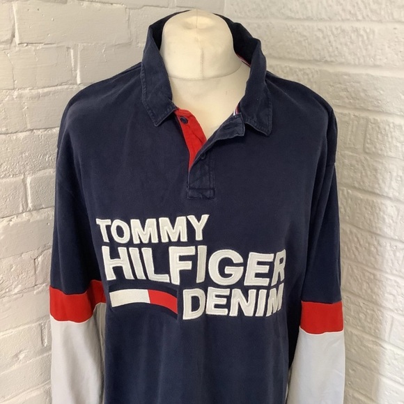 Vintage Tommy Hilfiger Spellout Rugby Shirt - Size 2xl x- P2P 27โ - Navy & White - Picture 2 of 8
